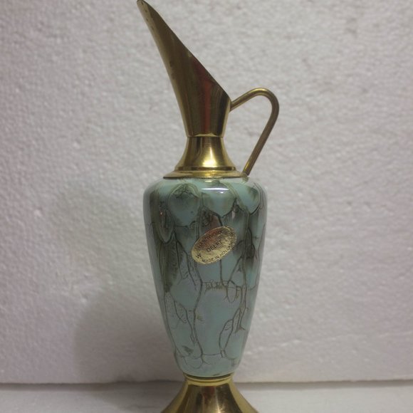 Vintage Holland Delft Pitcher Brass and Aqua Marble Vase - Picture 1 of 6